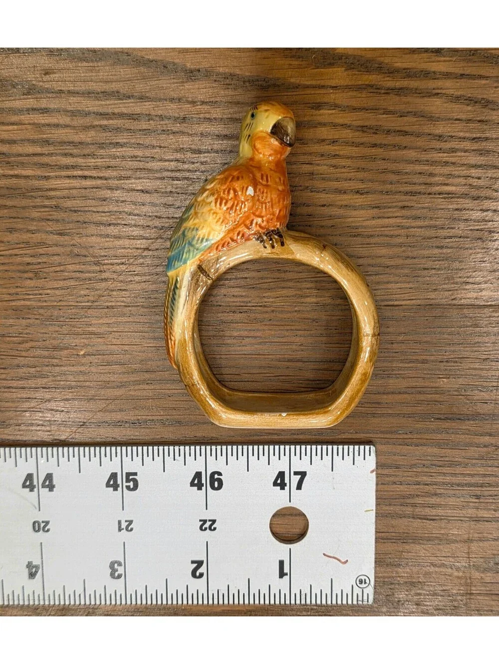 Ceramic Parrot Napkin Rings Pair  Yellow & Orange Tropical Tiki Bird